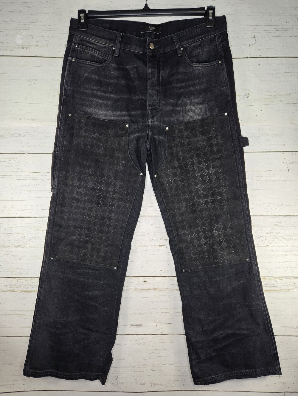AMIRI MA Quad Suede Panel Faded Black Denim Carpenter Jeans Men's 36x33